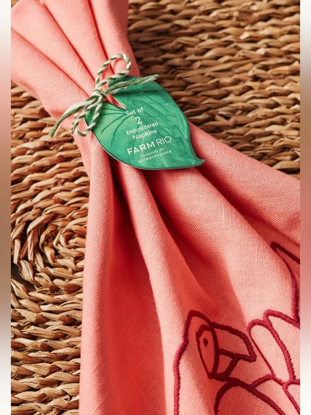 NWT Farm Rio x Anthropologie Embroidered Napkin, Set of 2 in Pink Parrot